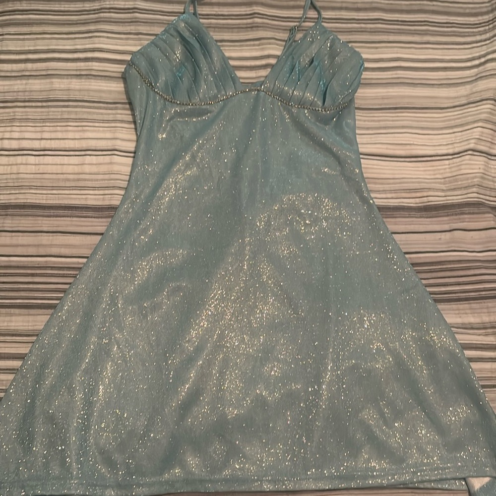 Sparkly baby blue rhinestone mini dress
